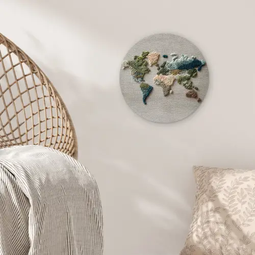 Wereldkaart - Geborduurd - Aardetinten Wandcirkel kunststof plaat 5mm dik klein -sfeer5