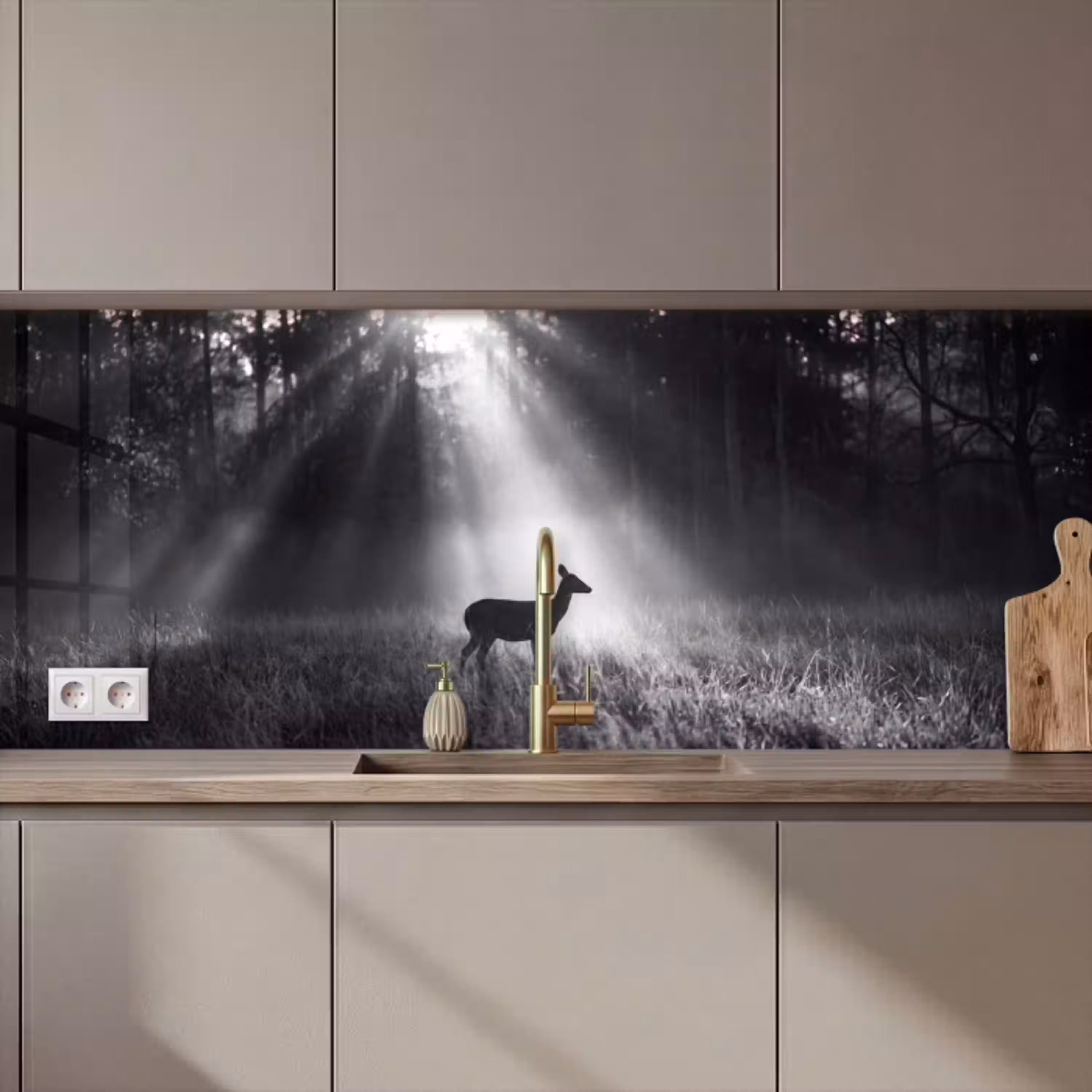 Hert - Bos - Zonnestralen - Zwart-wit - Natuur keuken achterwand 2 middel zz_3dshopping