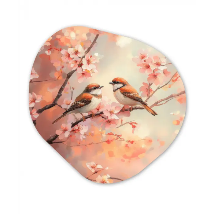 Vogels - Romantic - Bloesemtak Wandcirkel Organisch Plexiglas middel -3d