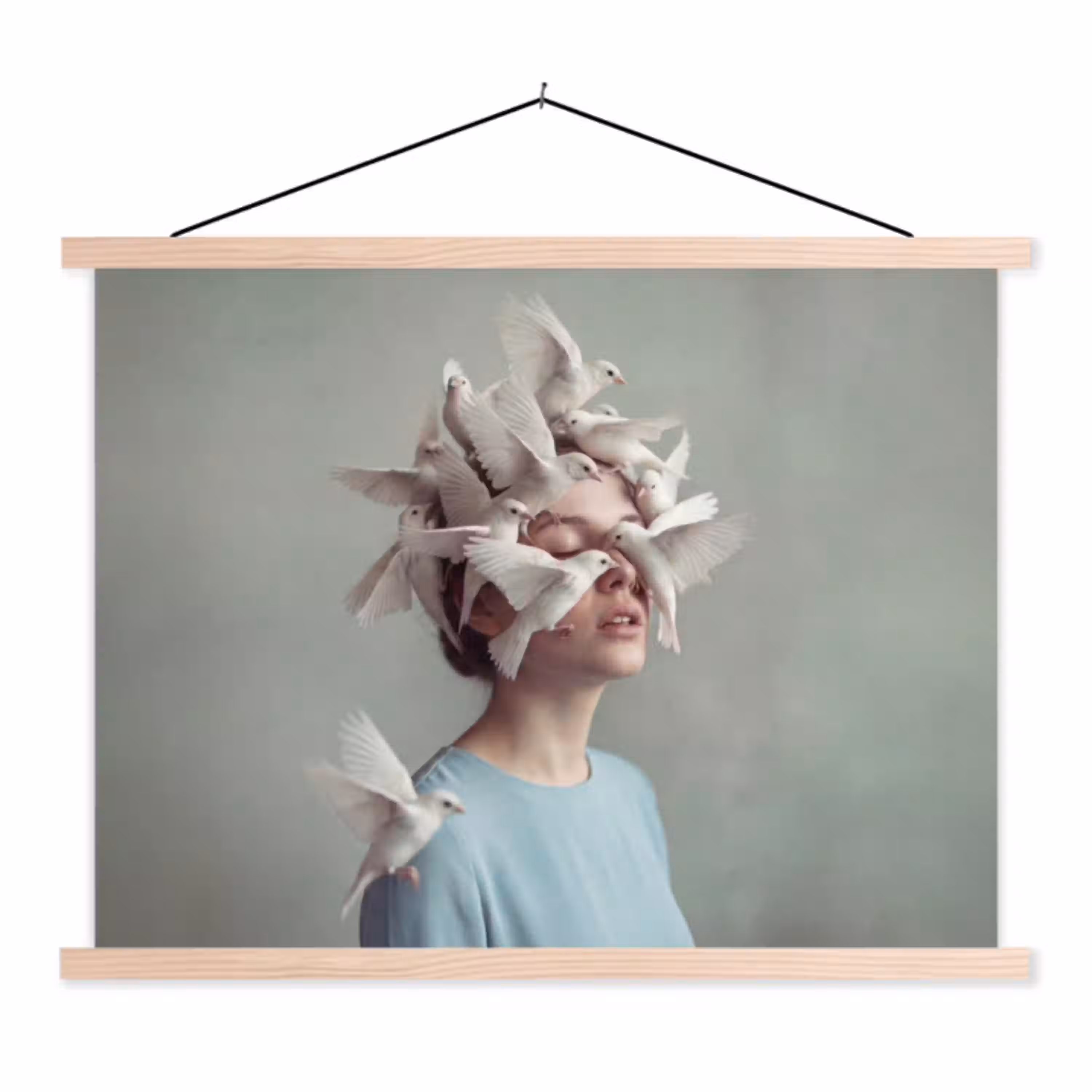 Vrouw - Vogels - Abstract - Modern - Wit textielposter latten blank klein -3d