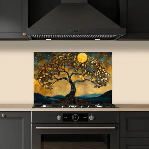 Boom - Maan - Bloemen - Goud - Kunst keuken achterwand spatscherm klein -sfeer1
