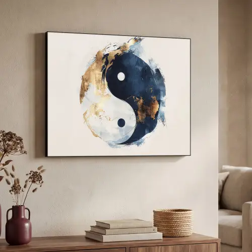 Yin Yang - Abstract - Zwart - Wit - Goud Textielframe zwart klein -sfeer3