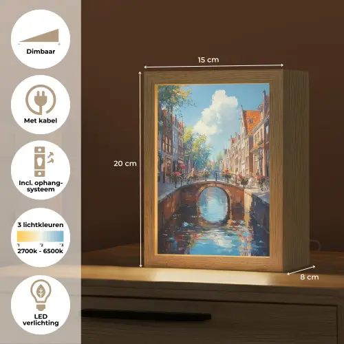 Stad - Gracht - Zon - Fietsen Light Box met kabel (Tafellamp) klein -USP_NL