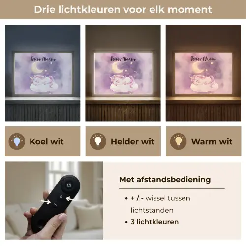 Eenhoorn - Paars - Sterrenhemel - Maan Light Box met batterij (Wandlamp kind) middel -USP_lichtkleurNL
