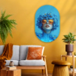 Vrouw - Bloem - Blauw - Modern - Bril - Portret Wandcirkel Ovaal Glas middel -sfeer4