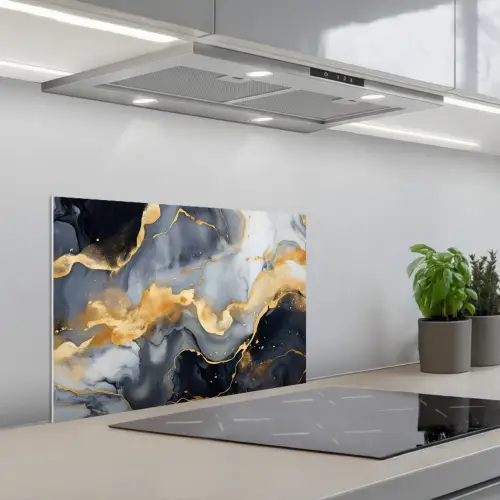 Marmer - Goud - Abstract - Luxe - Zwart en Wit keuken achterwand spatscherm klein -3d_schuin