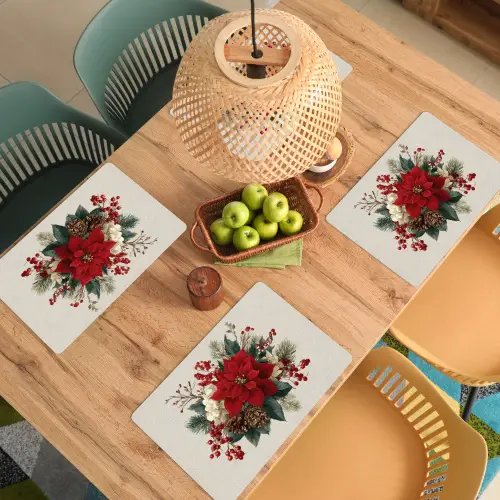 Kerststuk - Poinsettia - Dennenappels - Rood Placemat vinyl groot -zzsfeer5_Kitchenyeah-website
