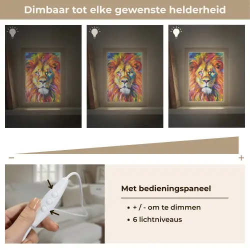 Leeuw - Olieverf - Kunst - Dieren Light Box met kabel (Tafellamp) klein -USP_dimbaarNL