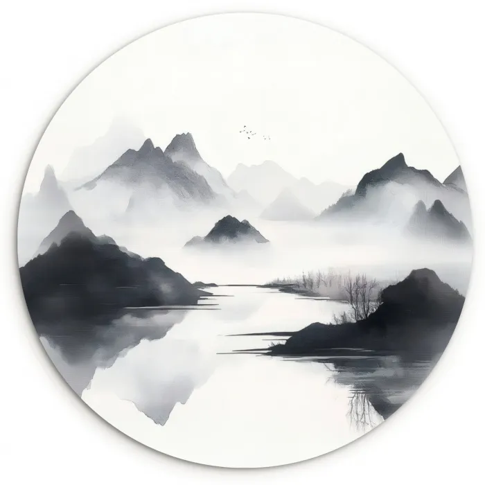 Bergen - Mistig - Water - Wit Wandcirkel plexiglas klein -3d
