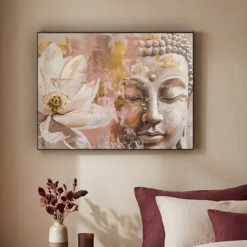 Buddha - Bloem - Goud - Roze - Abstract Textielframe zwart klein -sfeer1