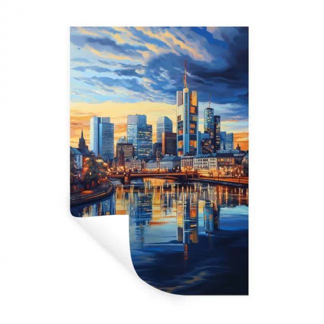 Zonsondergang Frankfurt - Stad - Skyline - Water Muursticker klein -3d