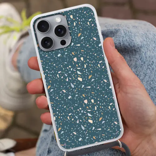 Terrazzo -  Patroon - Kleurrijk - Diep blauw Hoesje iPhone 16 Pro Max met koord klein 804 -sfeer3