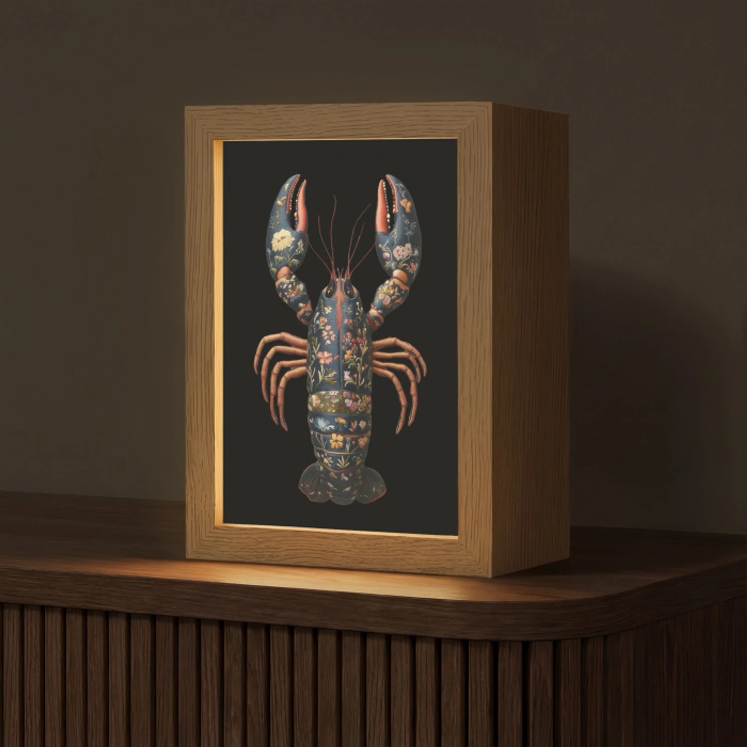 Kreeft - Zwart - Bloemenpatroon - Artistiek Light Box met kabel (Tafellamp) klein -z3d_website