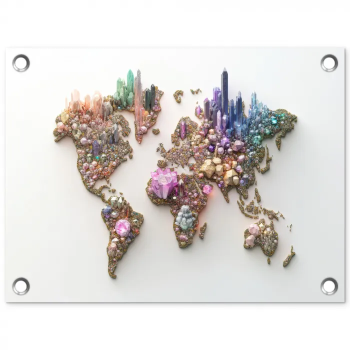 Wereldkaart - Kristallen - Unieke tinten tuinposter los doek klein -3d