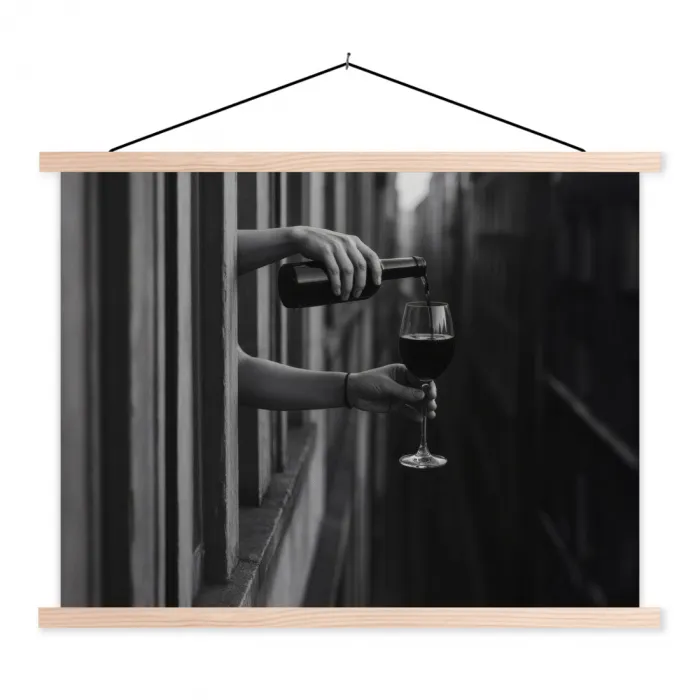 Wijnfles - Glas - Handen - Raam textielposter latten blank klein -3d