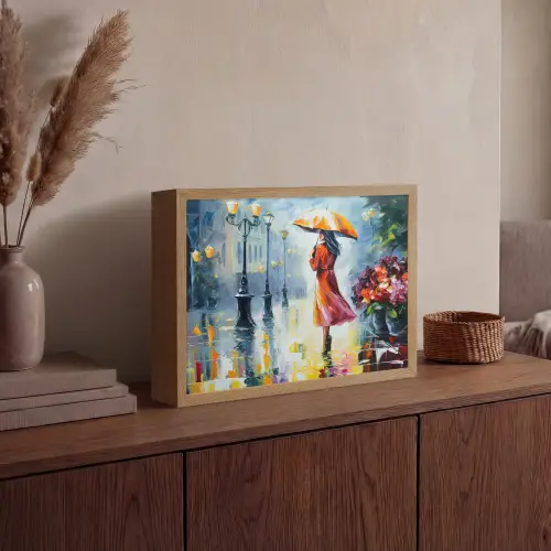Olieverf - Paraplu - Vrouw - Straat - Kunst Light Box met batterij (Wandlamp) middel -sfeer2