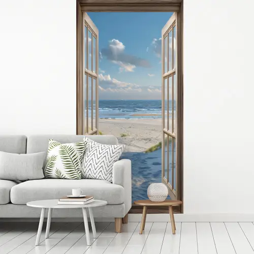 Doorkijk - Strand - Raam - Duinen - Zee fotobehang vinyl groot -woonkamer