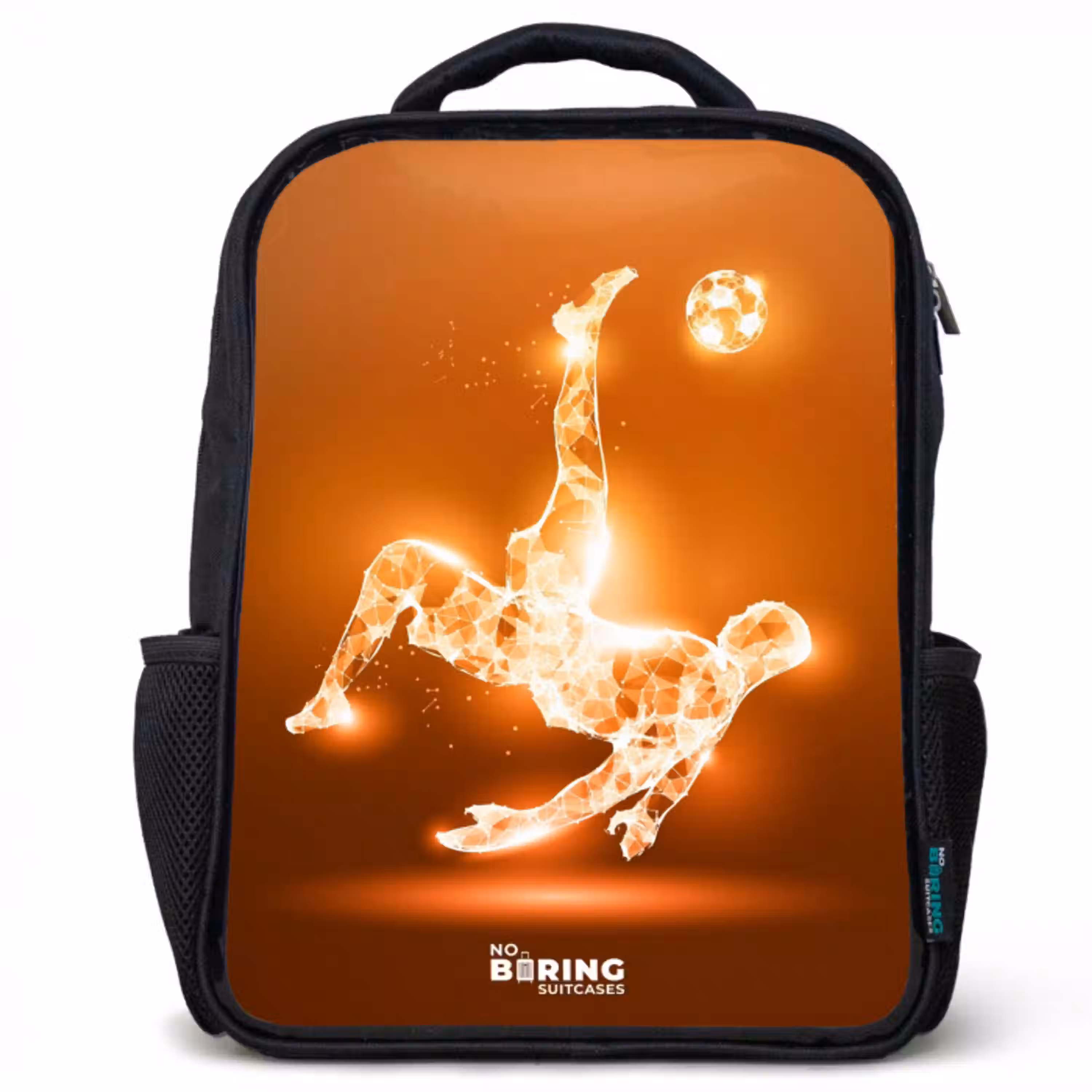 Oranje lichtvoetballer in zweefmoment Rugzak - Zwart middel -3d