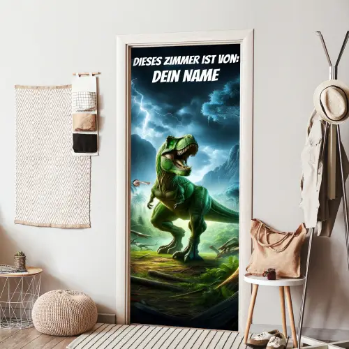 Grüner T-Rex im Gewitter mit Namensfeld. deurposter klein -sfeer6