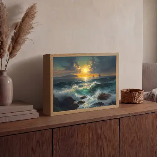 Zee - Zon - Golven - Rotsen Light Box met batterij (Wandlamp) middel -sfeer2