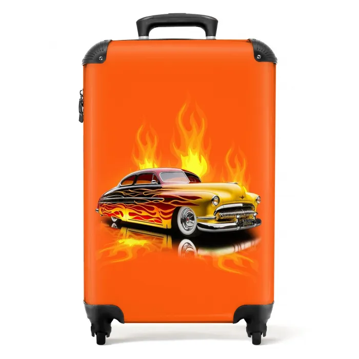 Gele auto met gele vlammen Koffer - NBS - Handbagage middel -productfoto_recht