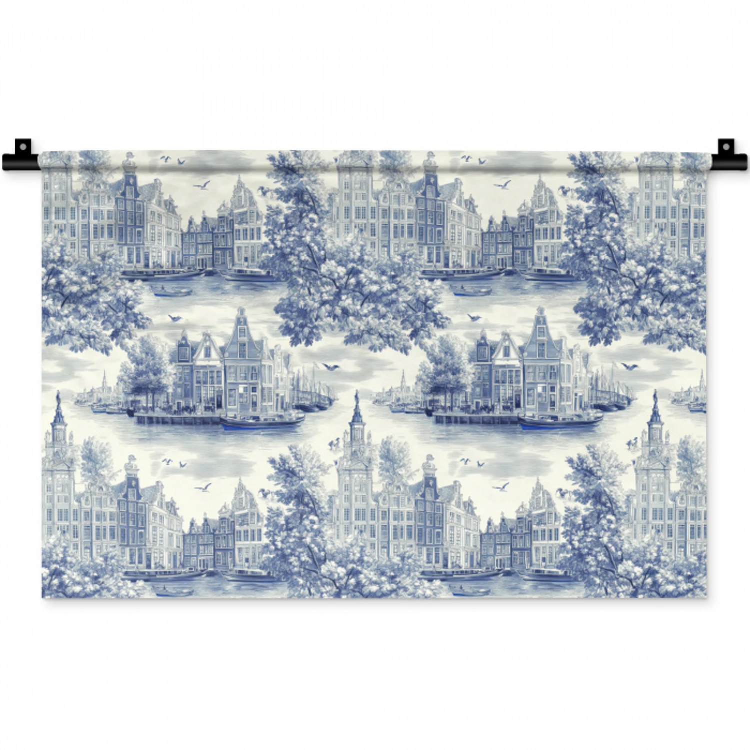 Huizen - Bomen - Water - Vogels - Blauw Wandkleed katoen klein 269 -zz3d