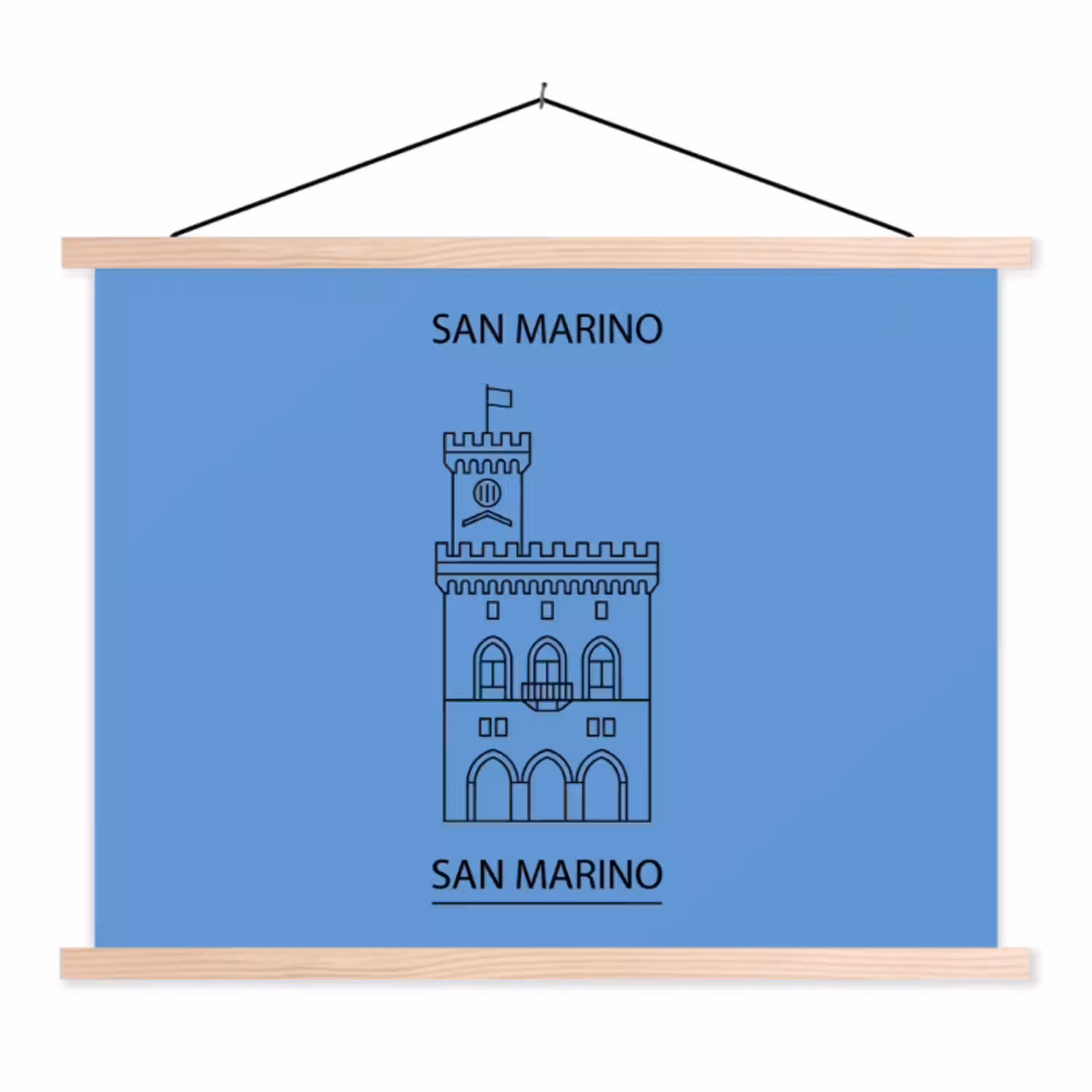Gebouw - San Marino - Architectuur - Lijntekening - Blauw textielposter latten blank klein -3d