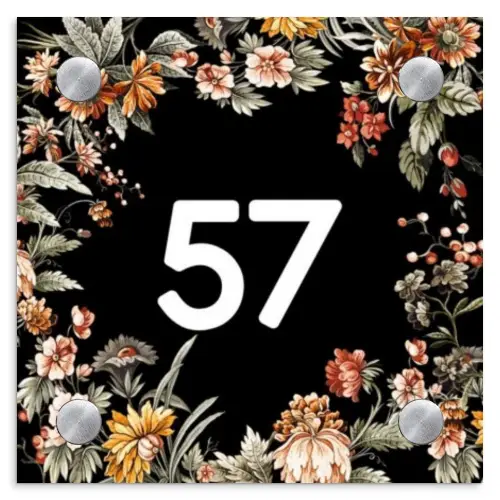Bloemen - Zwart - Traditioneel Naambord Vierkant klein -3d