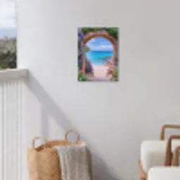 Doorkijk - Poort - Zee - Strand - Rotsen tuinposter los doek klein -sfeer8