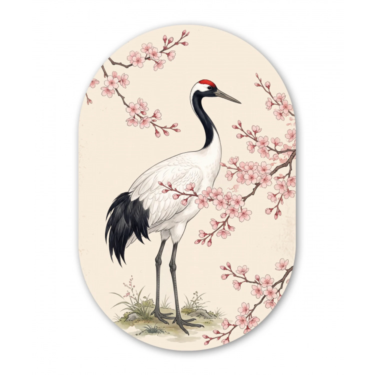 Aziatisch - Kraanvogel - Beige Wandcirkel Ovaal Aluminium middel -3d