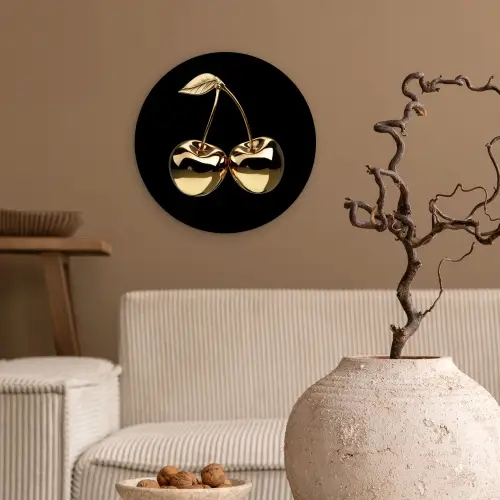 Kersen - Zwart - Goud - Chrome Wandcirkel kunststof plaat 5mm dik klein -sfeer1