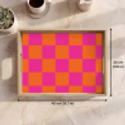 Schaakbord print - Oranje - Roze - Blokjes Dienblad Rechthoek middel -USP_FormaatEN