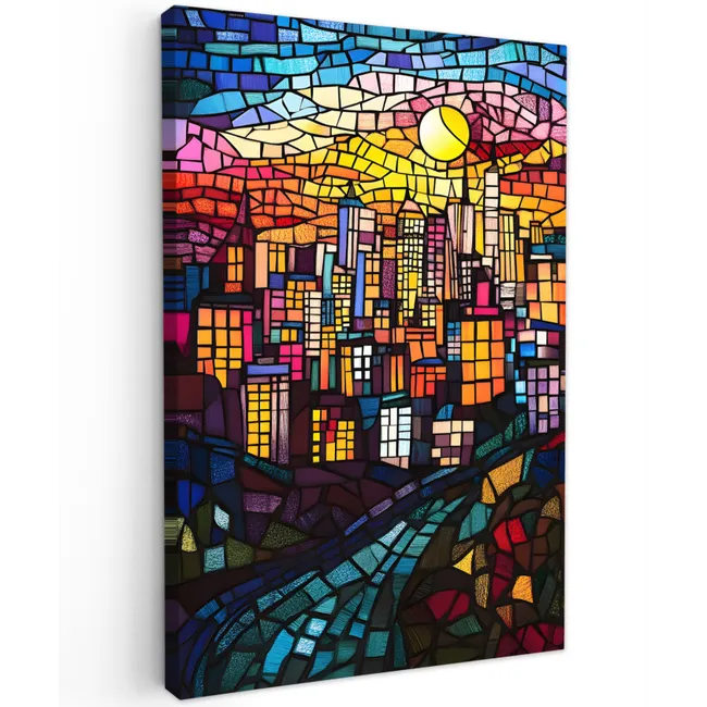Stad - Maan - Mozaïek - Kleurrijk Tuinposter op houten frame 2 cm dik klein -3d
