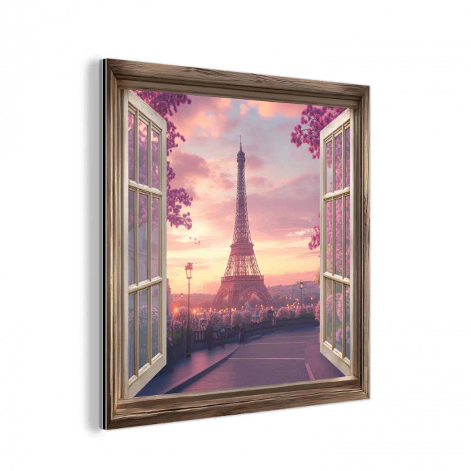 Doorkijk - Parijs - Eiffeltoren - Roze - Kersenbloesem aluminium wit klein -3d