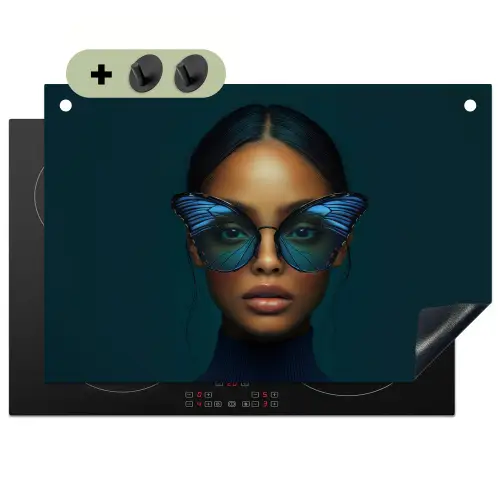 Vrouw - Vlinder - Bril - Blauw - Modern - Portret Inductie beschemer met haakjes klein -3d
