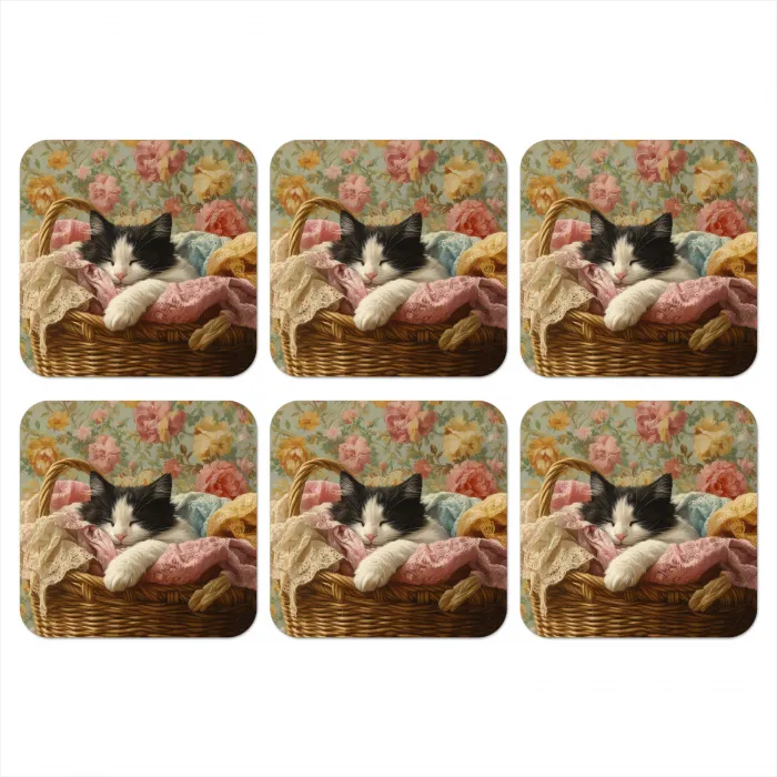Kat - Bloemenprint - Rieten mand onderzetter kurk middel -3d