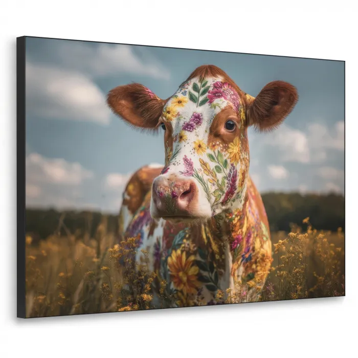 Koe - Bloemen - Weiland Textielframe zwart klein -3d