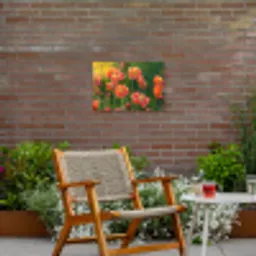 Bloemenveld - Zonnestralen - Oranje Tuinposter op houten frame 2 cm dik klein -sfeer3