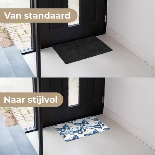 Blauw - Vlinders - Bloemen - Wit Deurmat klein 898 -voor-na_NL