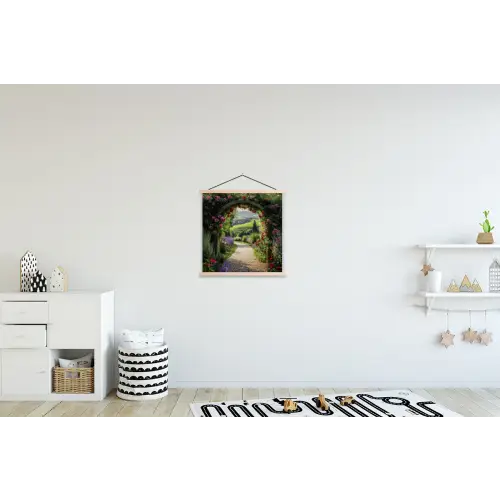 Doorkijk - Tuinboog - Bloemen - Natuur - Pad textielposter latten blank klein -kinderkamer