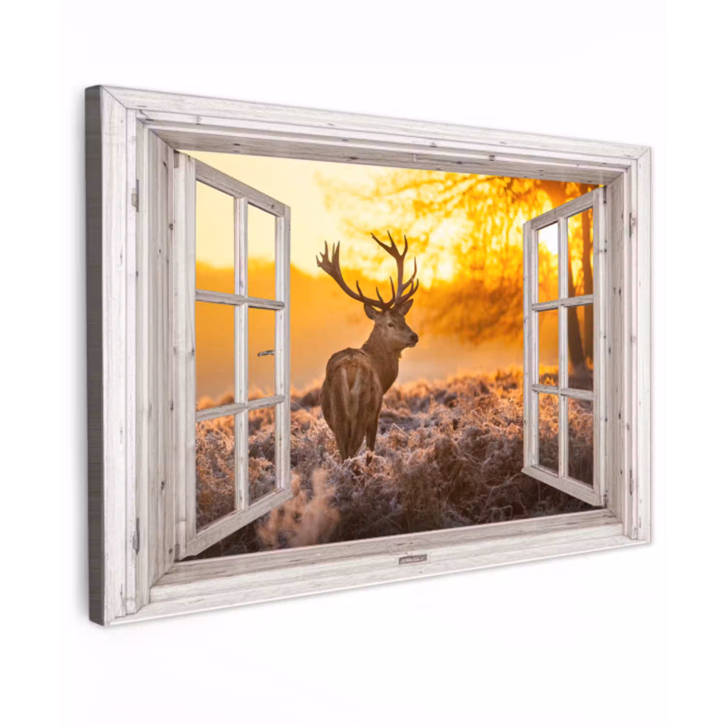 Hert - Herfst - Dieren - Natuur - Bos - Doorkijk Tuinposter op houten frame 2 cm dik klein -3d