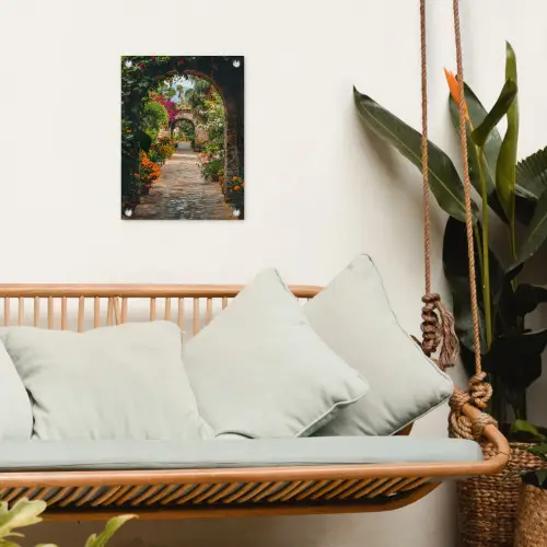 Doorkijk - Bloemen - Poort - Stenen tuinposter los doek klein -sfeer7