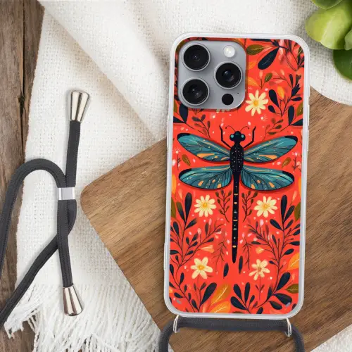 Libel - Blauw - Vleugels - Bladeren Hoesje iPhone 16 Pro Max met koord klein -sfeer4