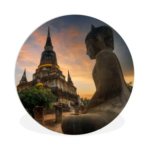 Tempel - Zonsondergang - Boeddha beelden - Buddha Wandcirkel kunststof plaat 5mm dik klein -3d