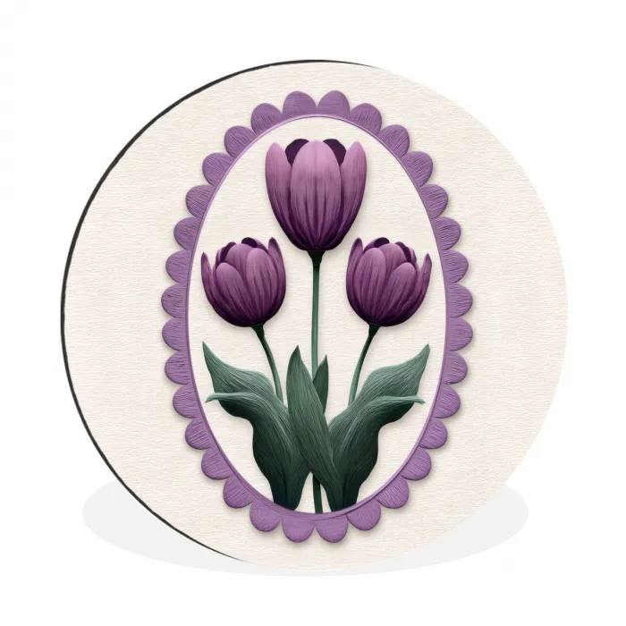 Tulpen - Paars - Lijst - Bladeren Wandcirkel aluminium klein -3d