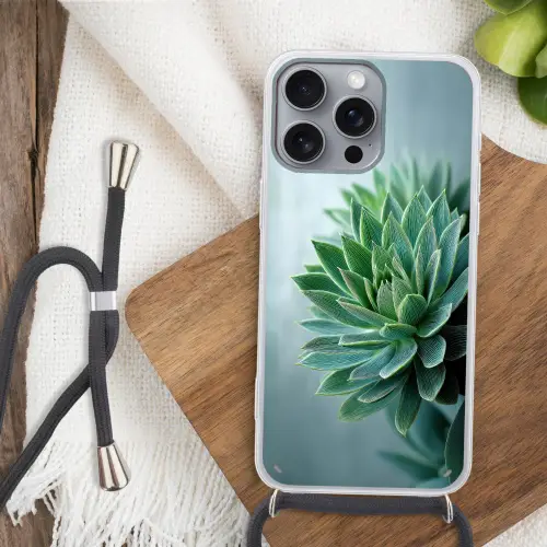 Vetplant - Bladeren - Groen - Wazig Hoesje iPhone 16 Pro Max met koord klein -sfeer4