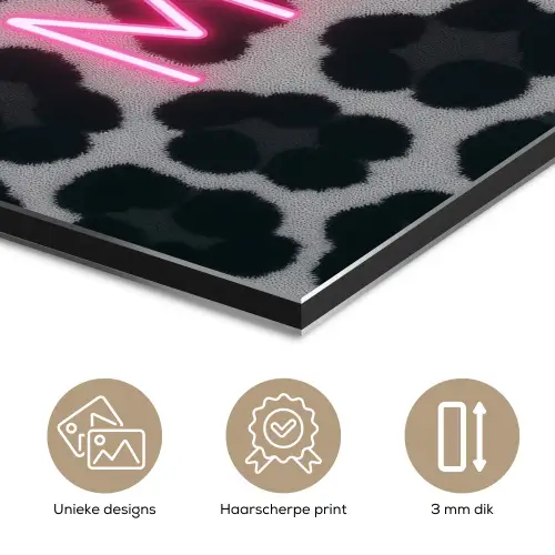 Panterprint - Zwart - Neonletters - Roze aluminium wit klein -closeup_NL