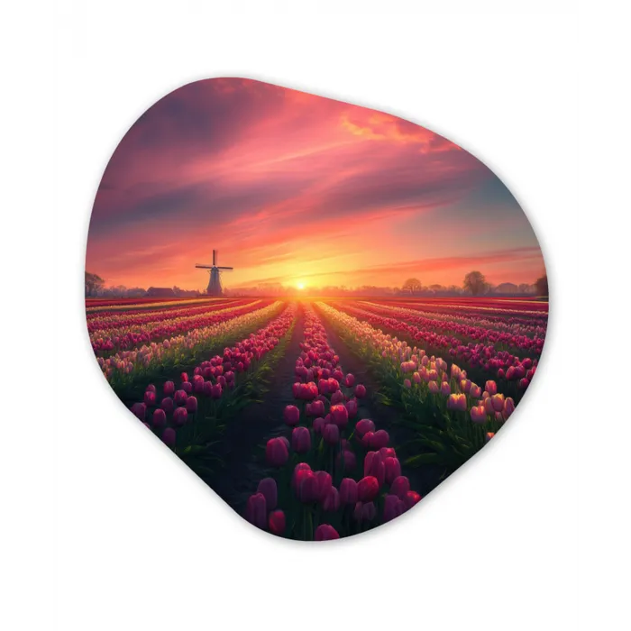 Windmolen - Zonsondergang - Landschap Wandcirkel Organisch Forex 3mm klein -3d