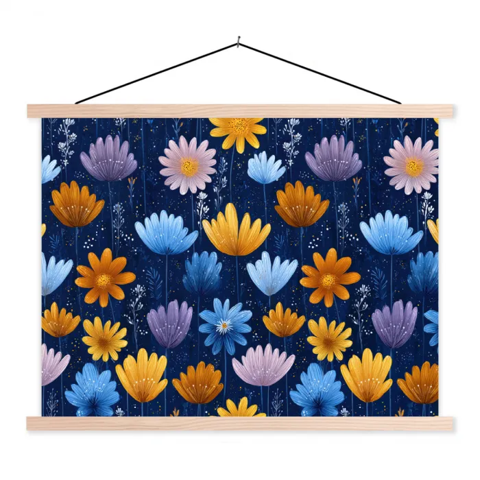 Bloemen - Patroon - Blauw - Contrast textielposter latten blank klein -3d