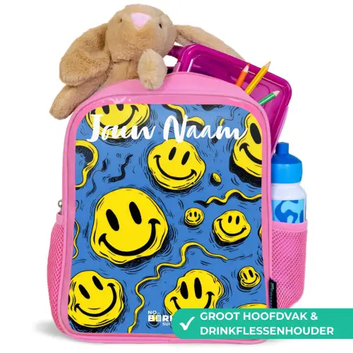 Smiley - Blauw - Geel Kinderrugzak - Roze middel -inhoud_NL